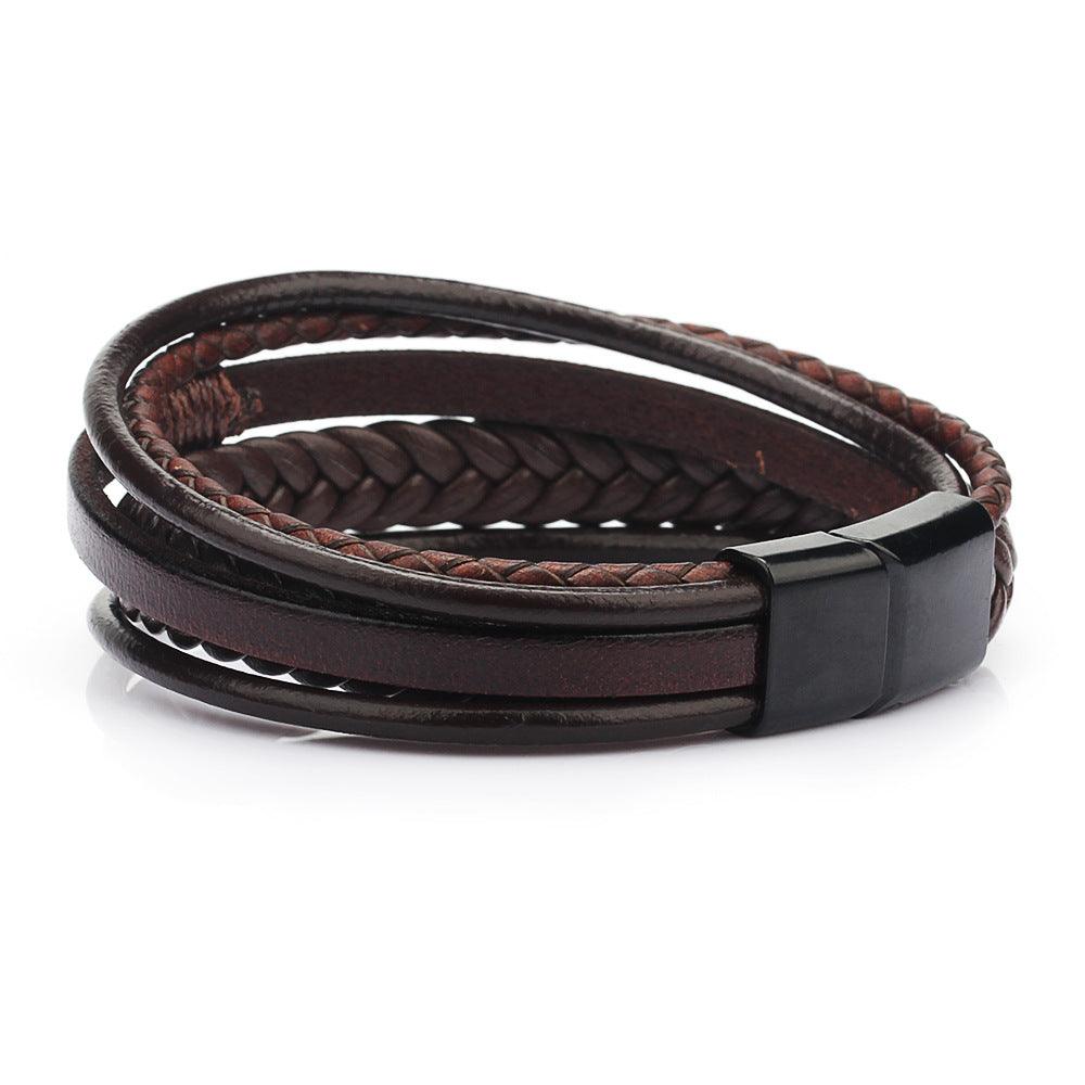 FWF Men's Multi Layer Leather Rope Braided Bracelet with Alloy Magnetic Buckle