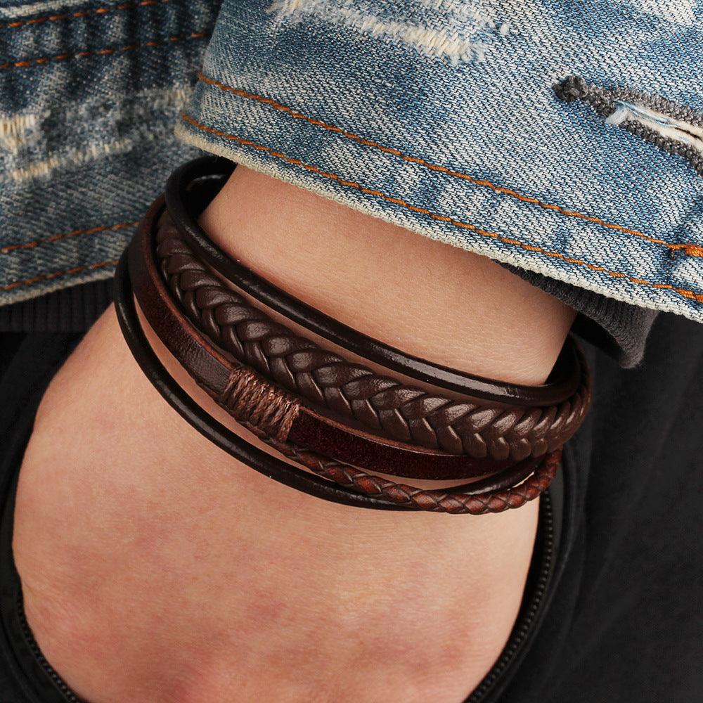 FWF Men's Multi Layer Leather Rope Braided Bracelet with Alloy Magnetic Buckle