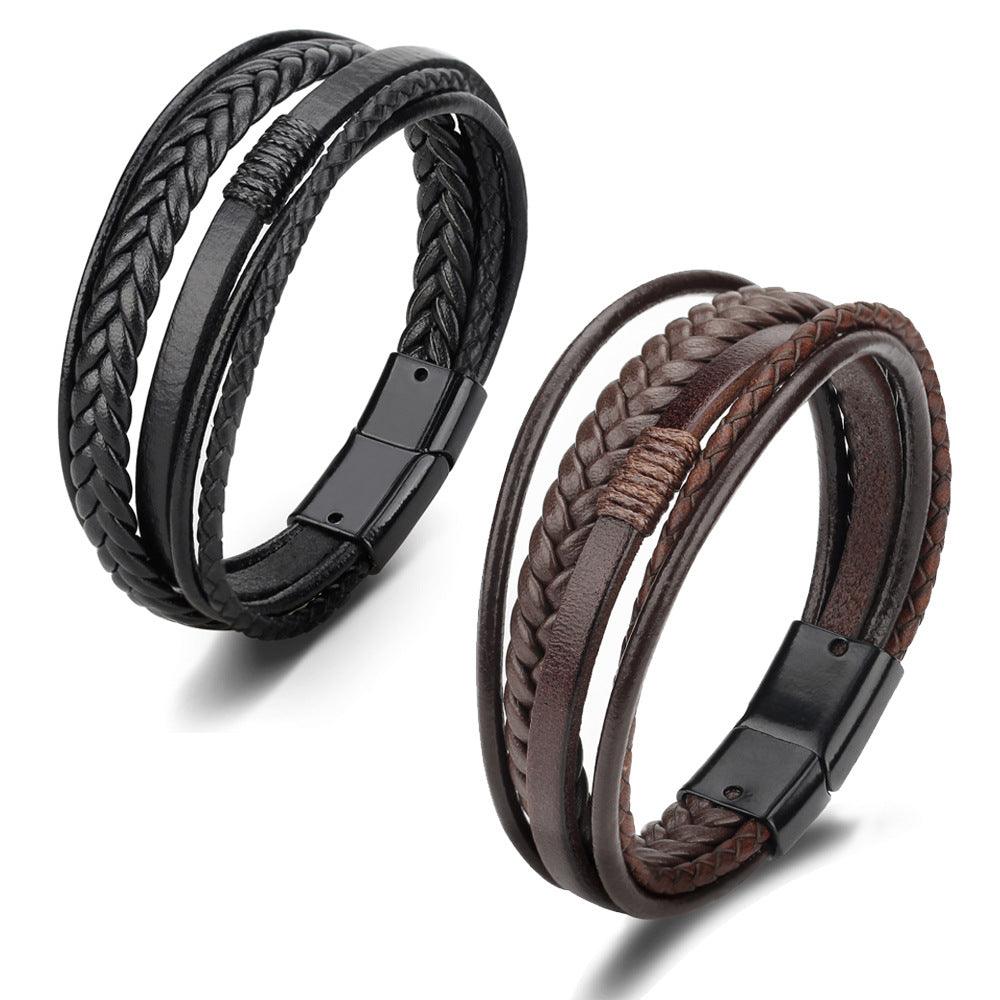 FWF Men's Multi Layer Leather Rope Braided Bracelet with Alloy Magnetic Buckle