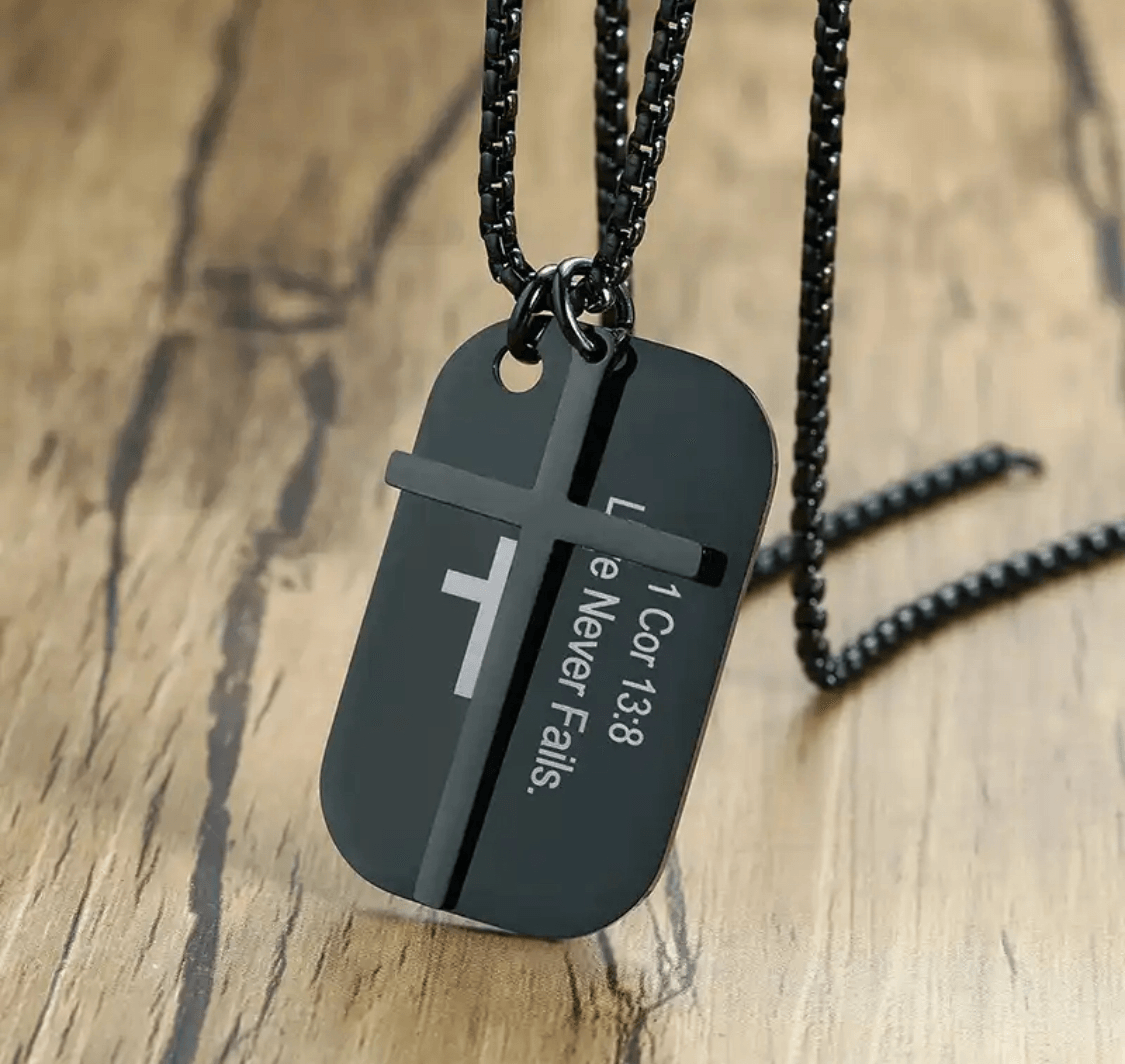 FWF Mens Black Stainless Steel Dog Tag With Cross Necklace With Extracts from Scriptures 2