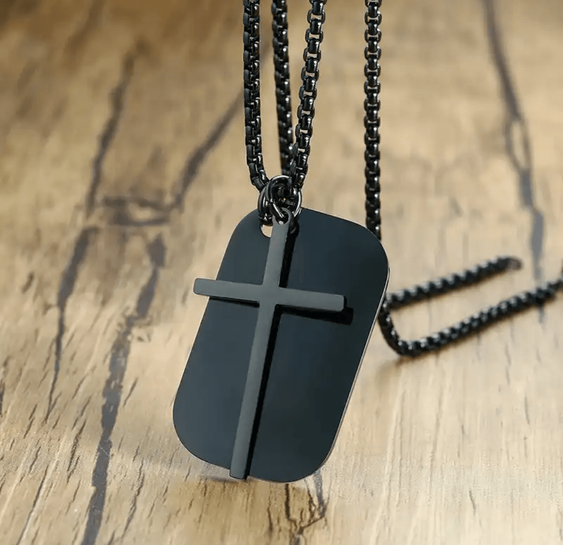 FWF Mens Black Stainless Steel Dog Tag With Cross Necklace With Extracts from Scriptures 2