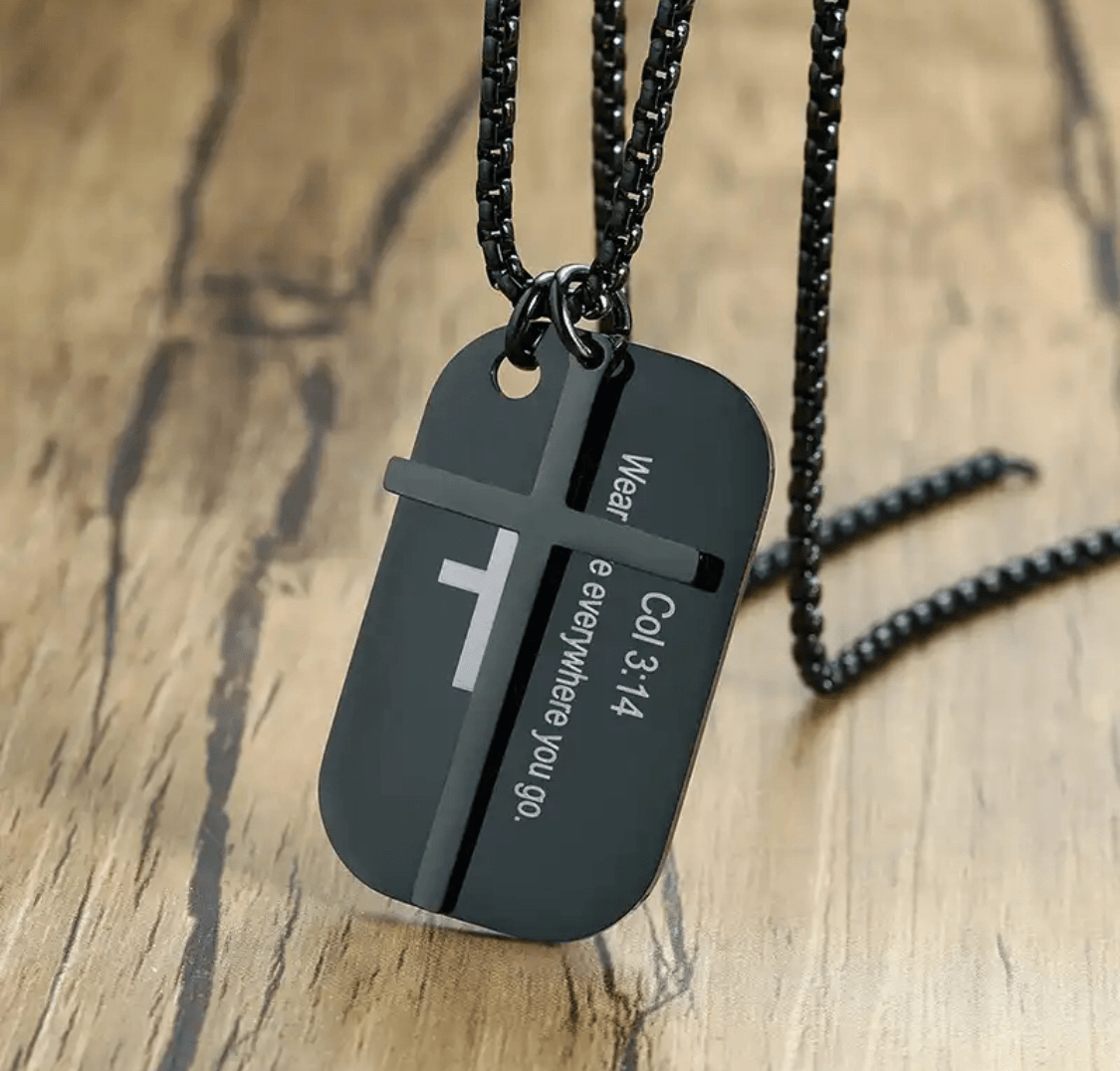 FWF Mens Black Stainless Steel Dog Tag With Cross Necklace With Extracts from Scriptures 2