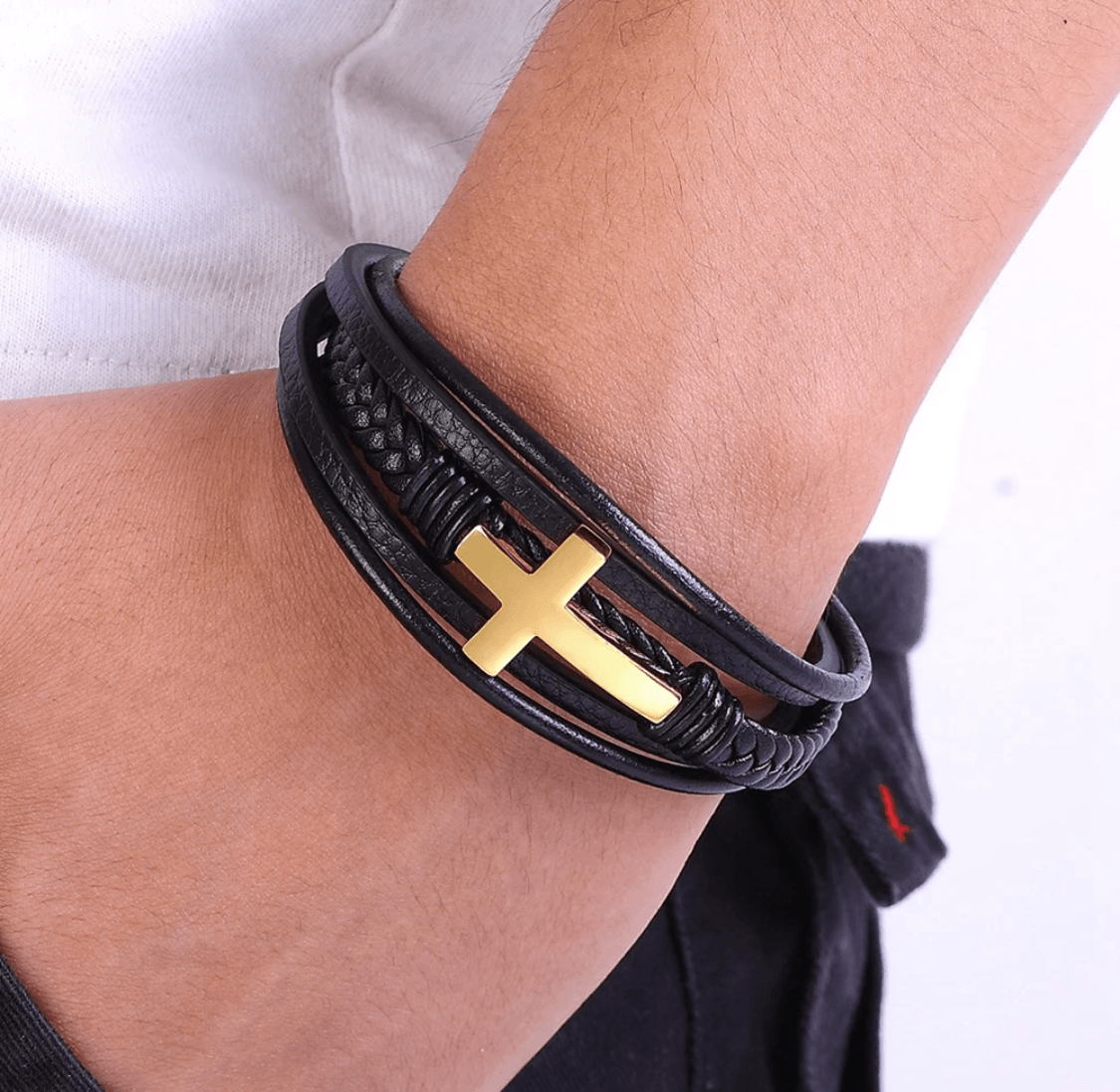 FWF Mens Black Stainless Multi Layer Leather Bracelet