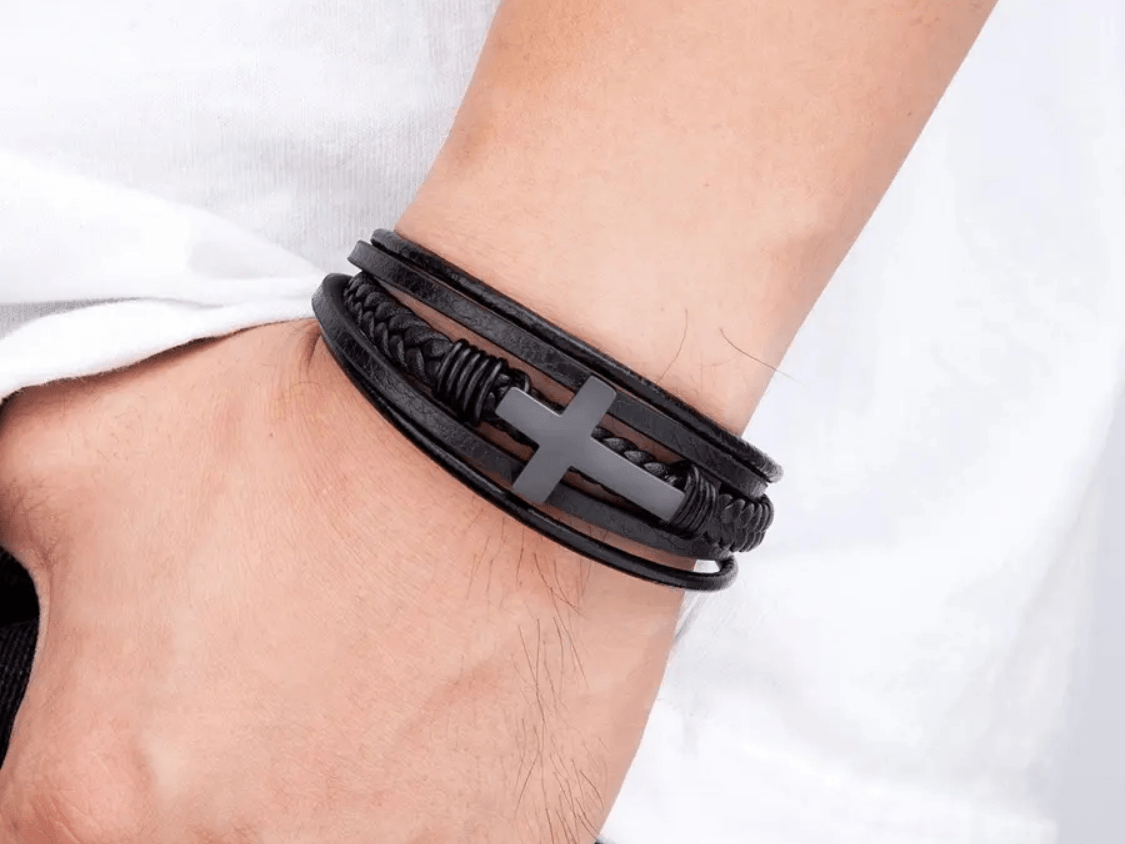 FWF Mens Black Stainless Multi Layer Leather Bracelet