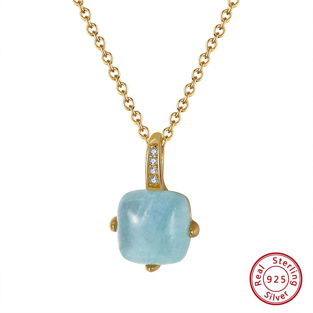 FWF Sterling Silver/14K Gold Plated Minimalist Natural Aquamarine Gemstone Pendant Necklace