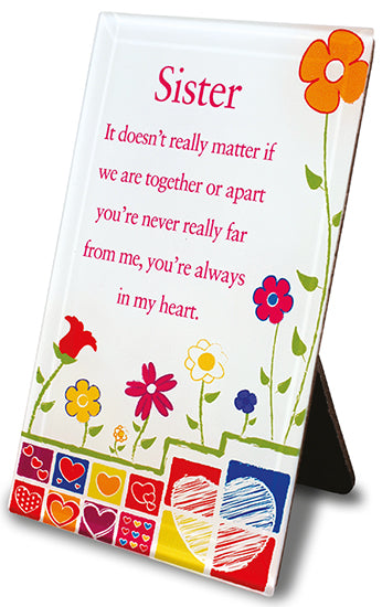 Sister Glass Plaque - Colourful Flowers And Hearts