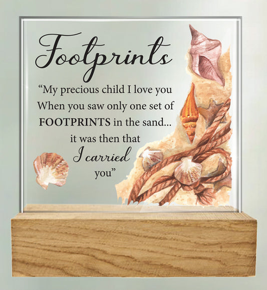 Footprints Glass Plaque - Wood Base