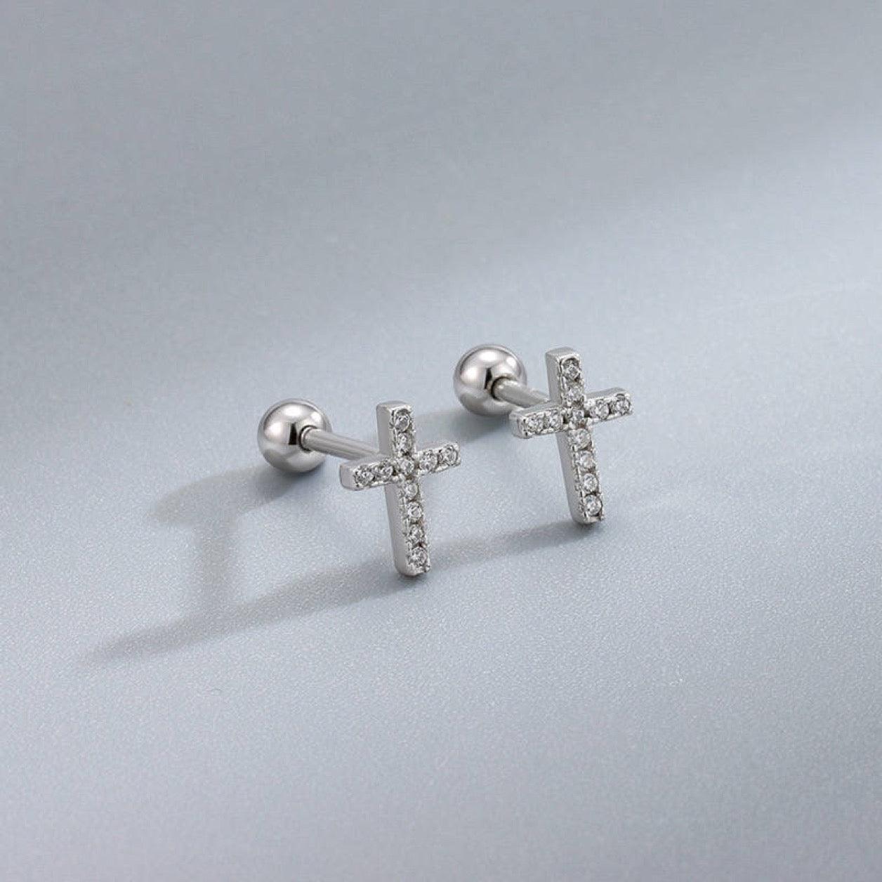 FWF Small Sterling Silver Cross Embellished With Cubic Zirconia Earring