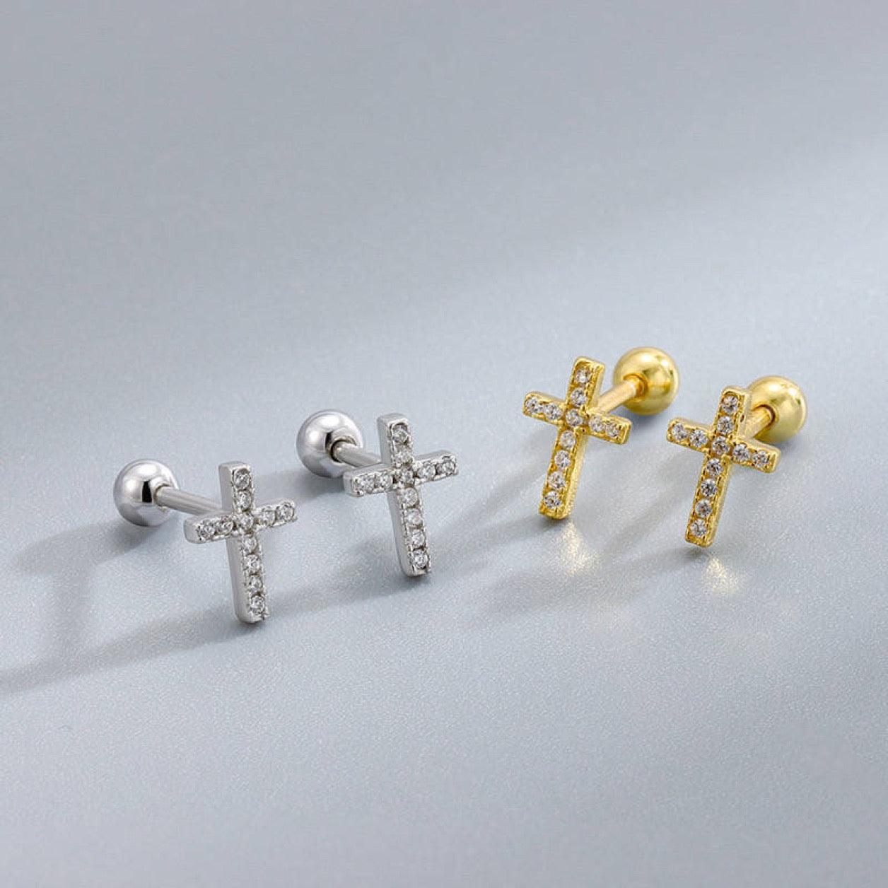 FWF Small Sterling Silver Cross Embellished With Cubic Zirconia Earring