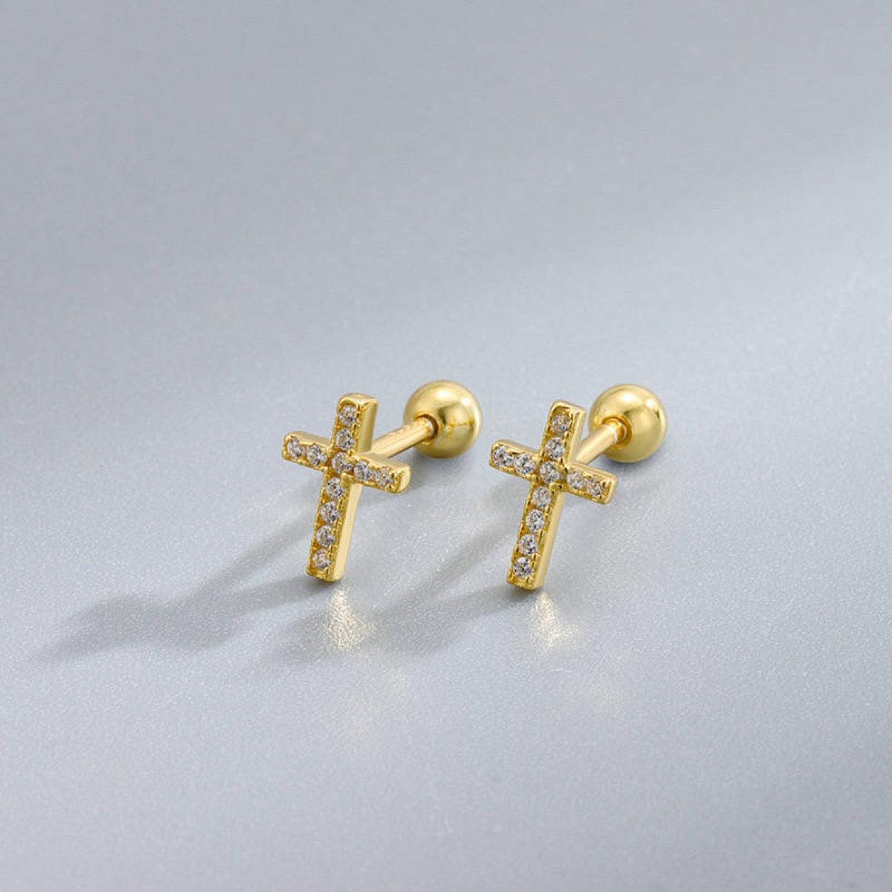 FWF Small Sterling Silver Cross Embellished With Cubic Zirconia Earring