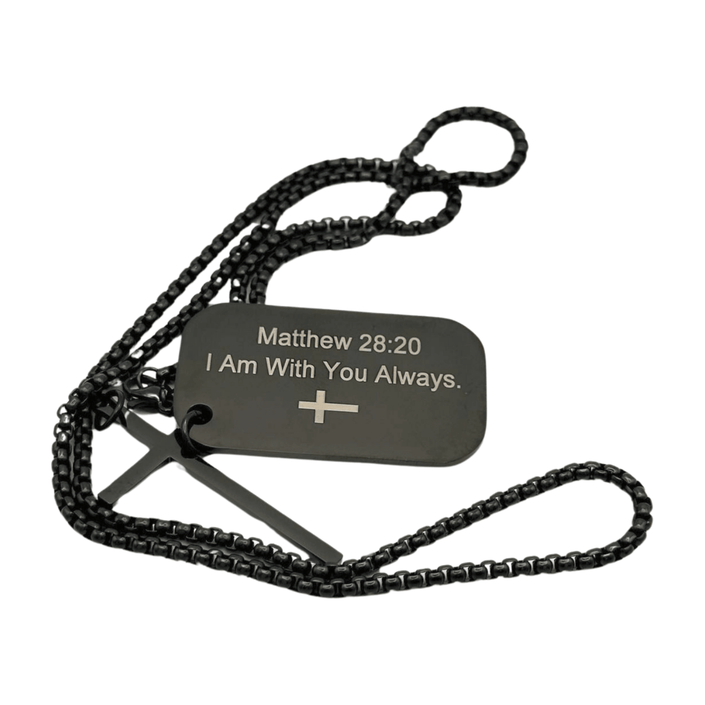 FWF Mens Black Stainless Steel Dog Tag With Cross Necklace With Extracts from Scriptures