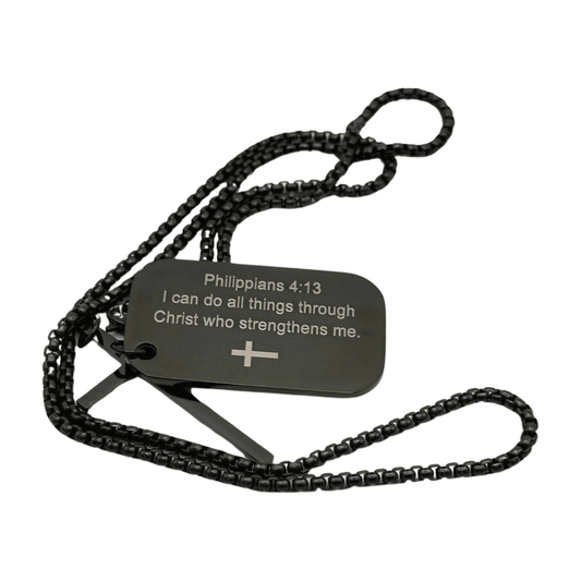 FWF Mens Black Stainless Steel Dog Tag With Cross Necklace With Extracts from Scriptures