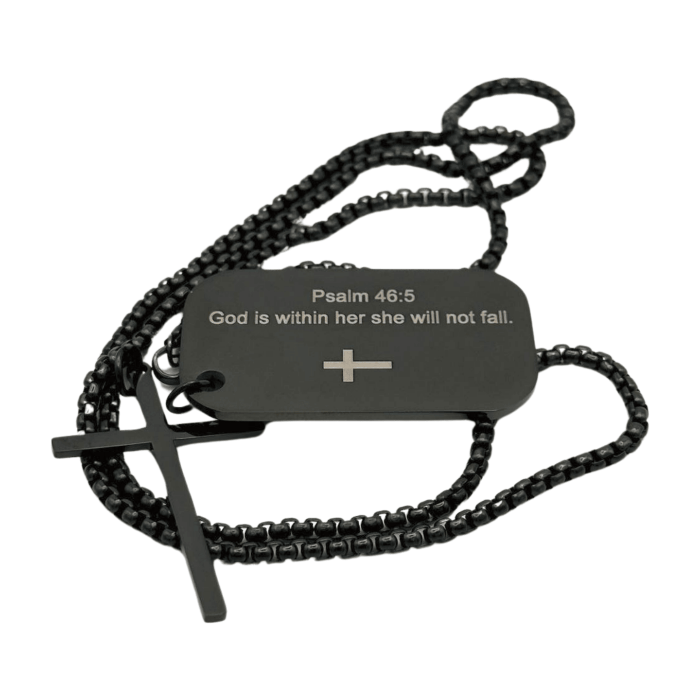 FWF Mens Black Stainless Steel Dog Tag With Cross Necklace With Extracts from Scriptures