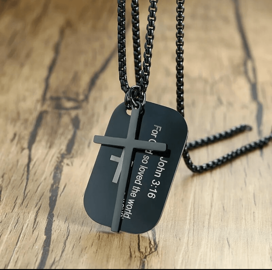 FWF Mens Black Stainless Steel Dog Tag With Cross Necklace With Extracts from Scriptures 2