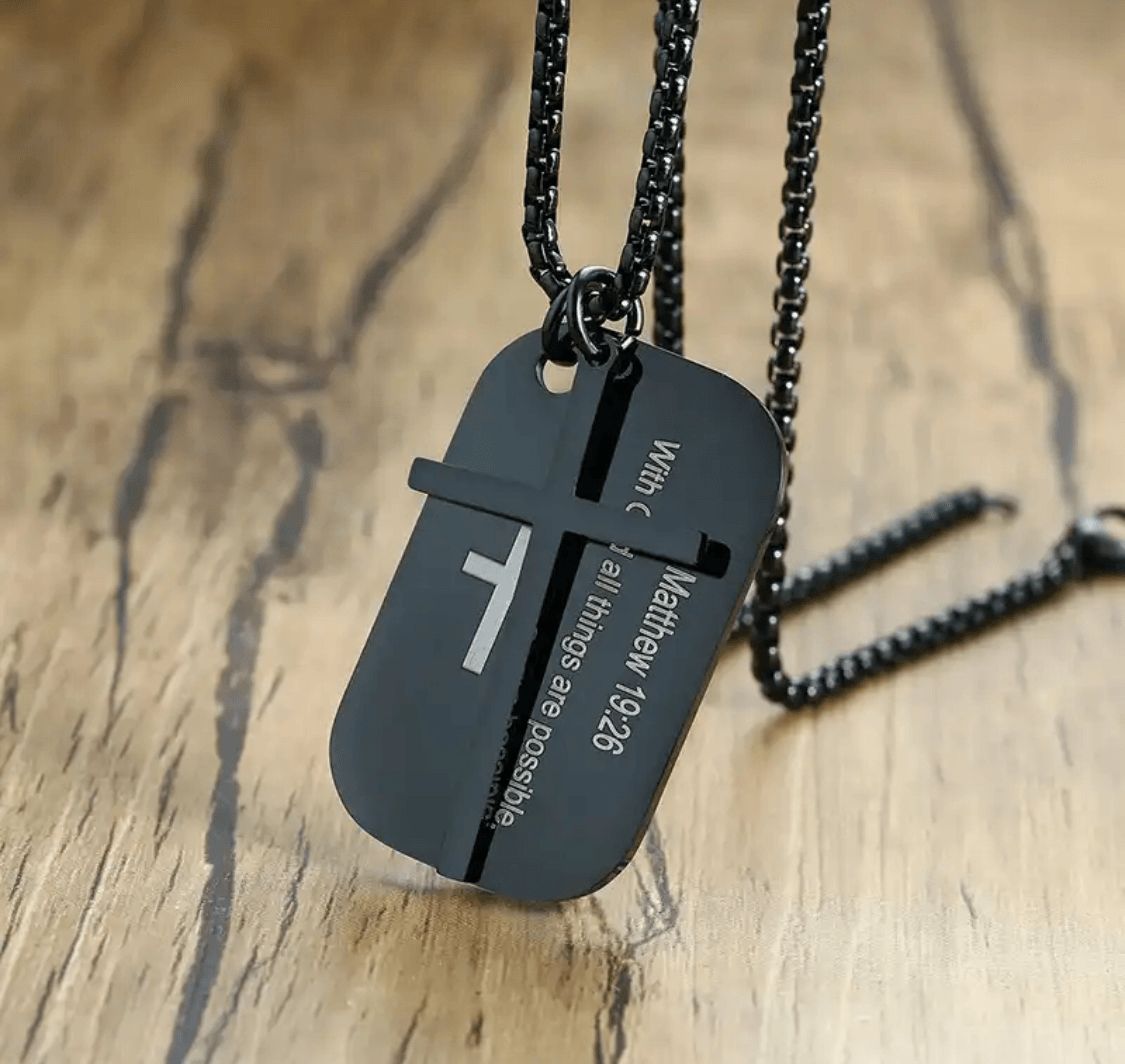 FWF Mens Black Stainless Steel Dog Tag With Cross Necklace With Extracts from Scriptures