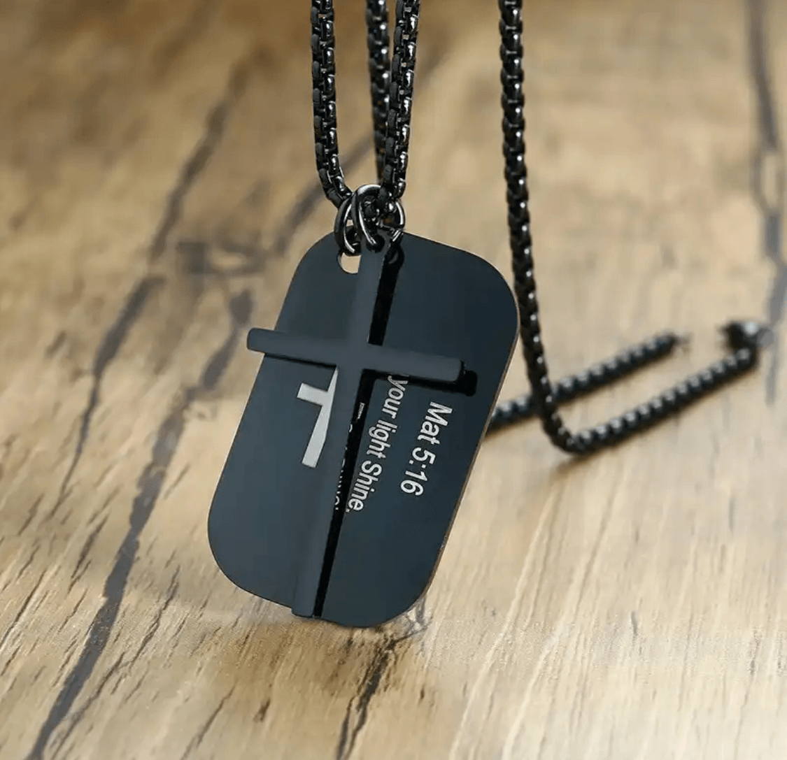 FWF Mens Black Stainless Steel Dog Tag With Cross Necklace With Extracts from Scriptures