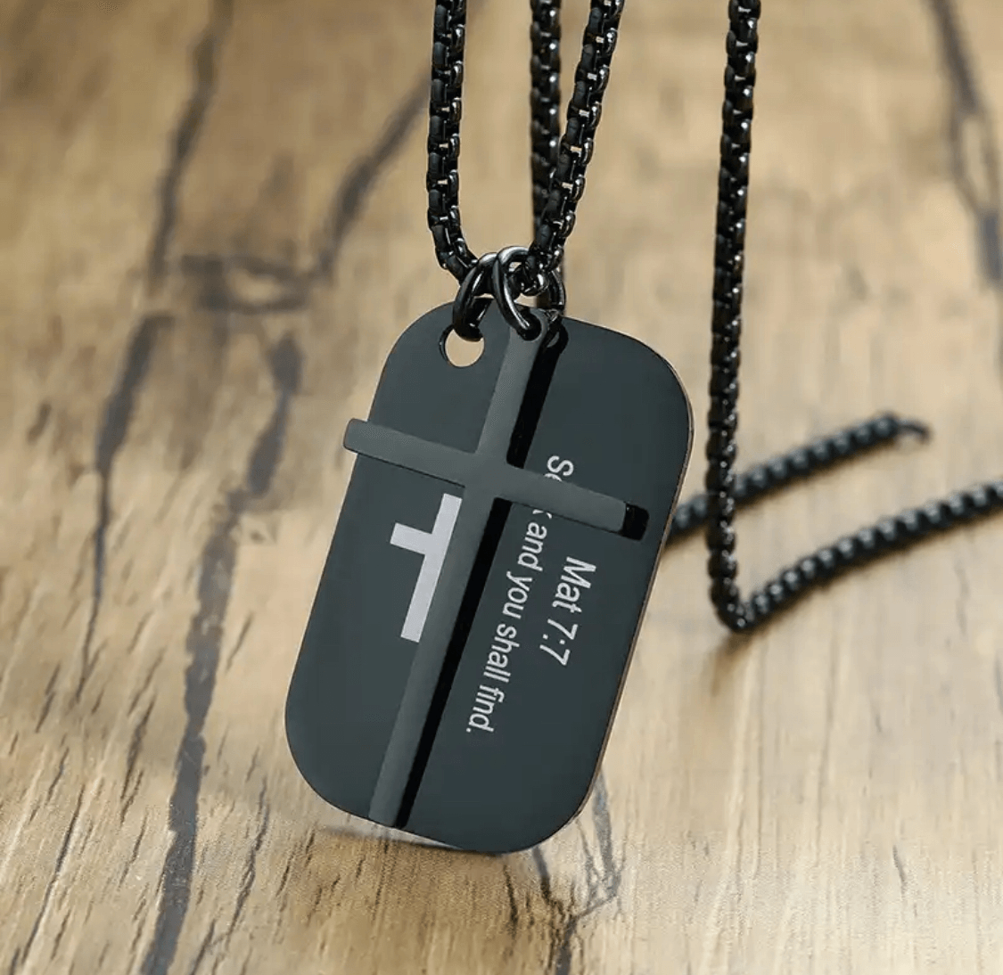 FWF Mens Black Stainless Steel Dog Tag With Cross Necklace With Extracts from Scriptures