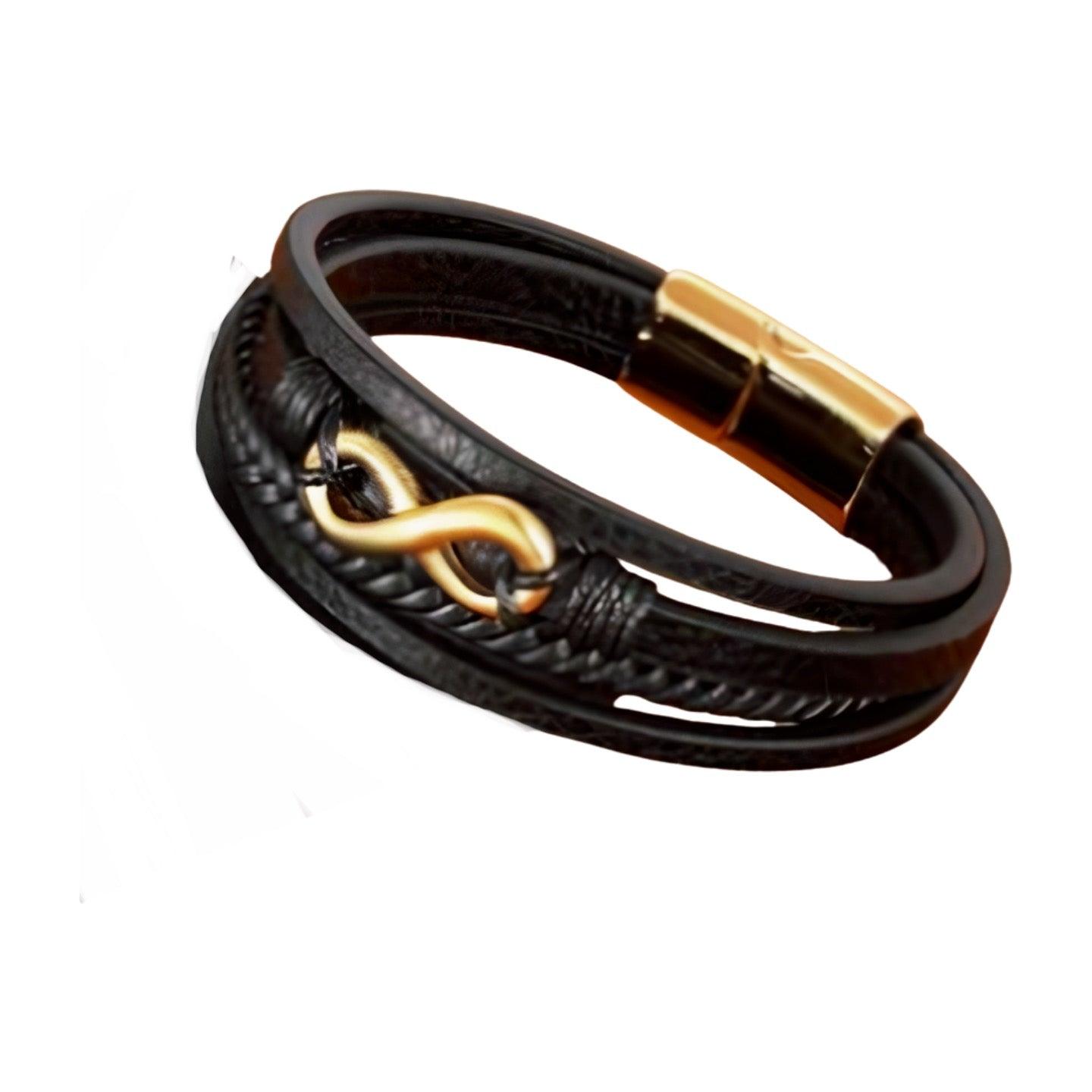 FWF Mens Black Stainless Multi Layer Leather Bracelet