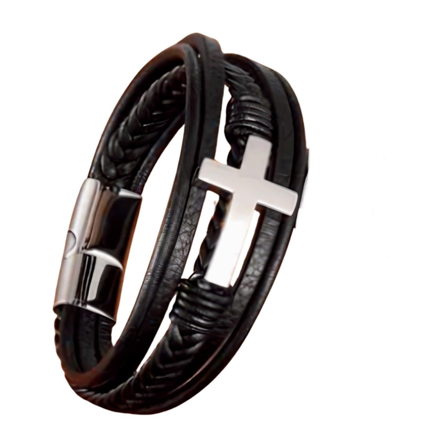 FWF Mens Black Stainless Multi Layer Leather Bracelet