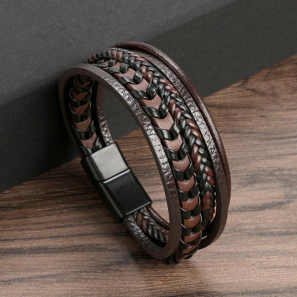 FWF Men's Multi Layer Leather Rope Braided Bracelet with Alloy Magnetic Buckle