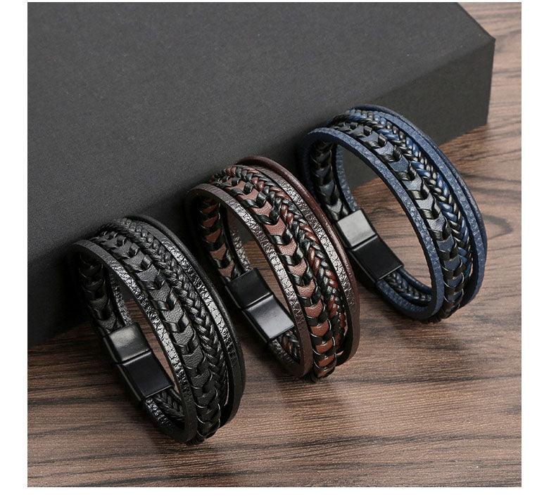 FWF Men's Multi Layer Leather Rope Braided Bracelet with Alloy Magnetic Buckle