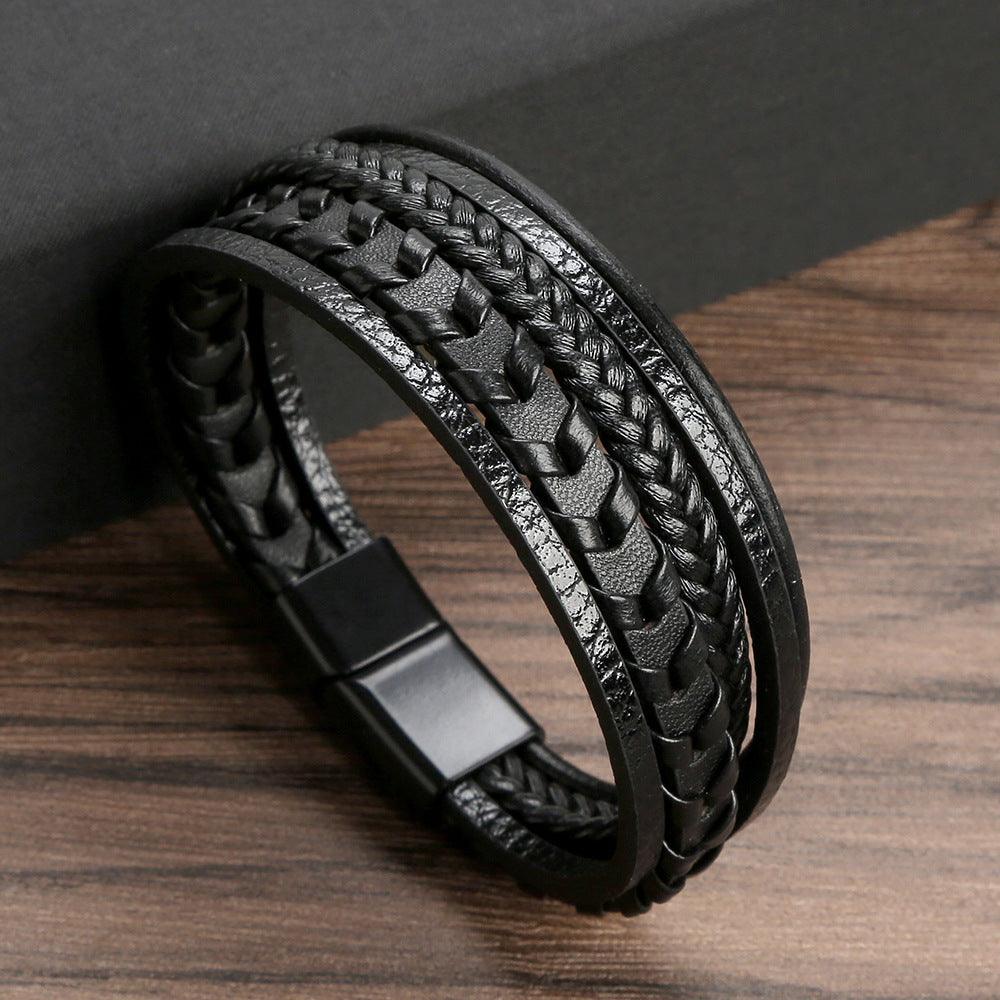 FWF Men's Multi Layer Leather Rope Braided Bracelet with Alloy Magnetic Buckle