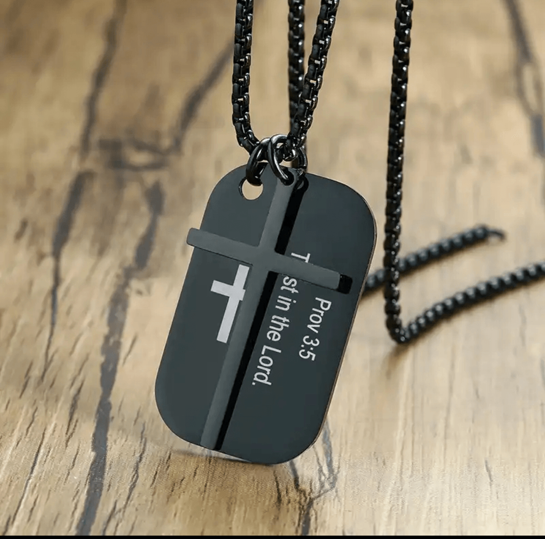 FWF Mens Black Stainless Steel Dog Tag With Cross Necklace With Extracts from Scriptures 1