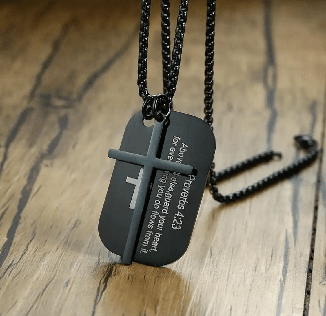 FWF Mens Black Stainless Steel Dog Tag With Cross Necklace With Extracts from Scriptures 1