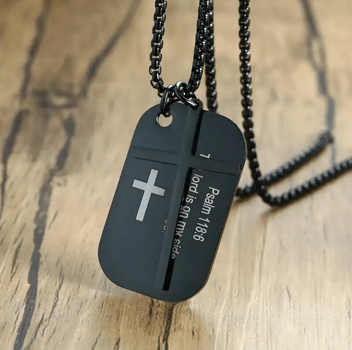 FWF Mens Black Stainless Steel Dog Tag With Cross Necklace With Extracts from Scriptures 2