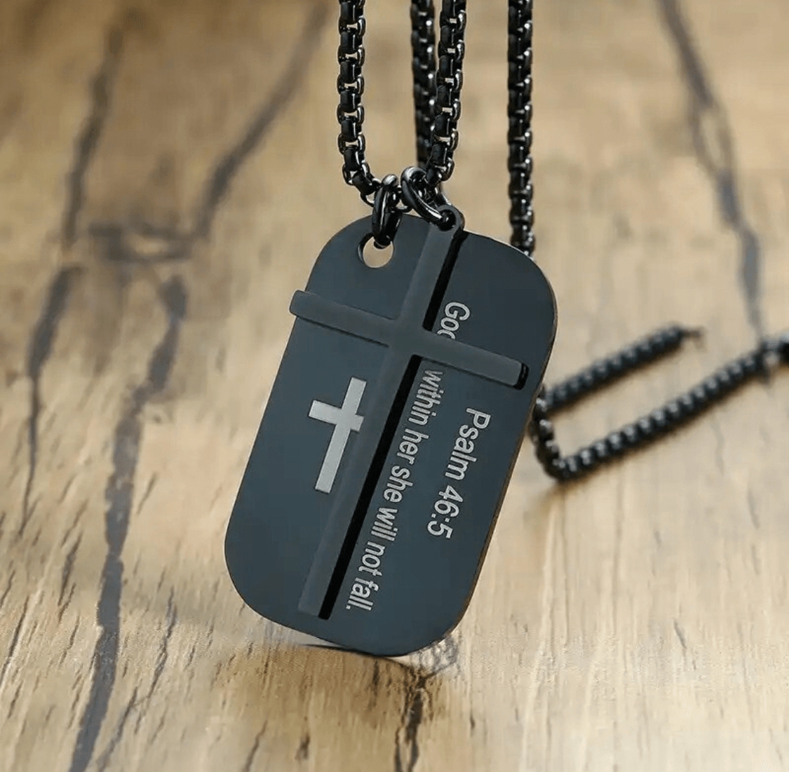 FWF Mens Black Stainless Steel Dog Tag With Cross Necklace With Extracts from Scriptures