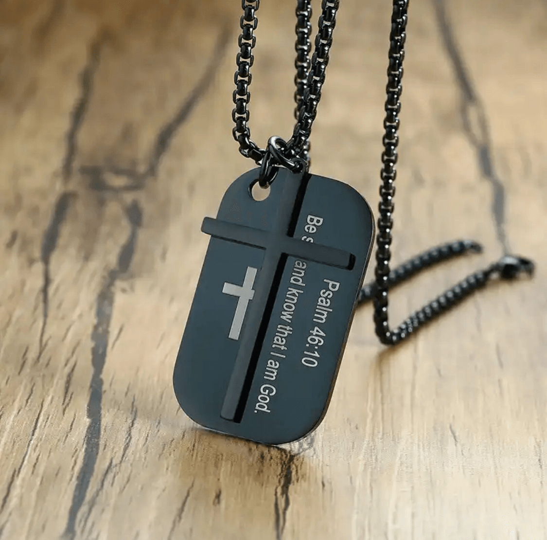 FWF Mens Black Stainless Steel Dog Tag With Cross Necklace With Extracts from Scriptures 1